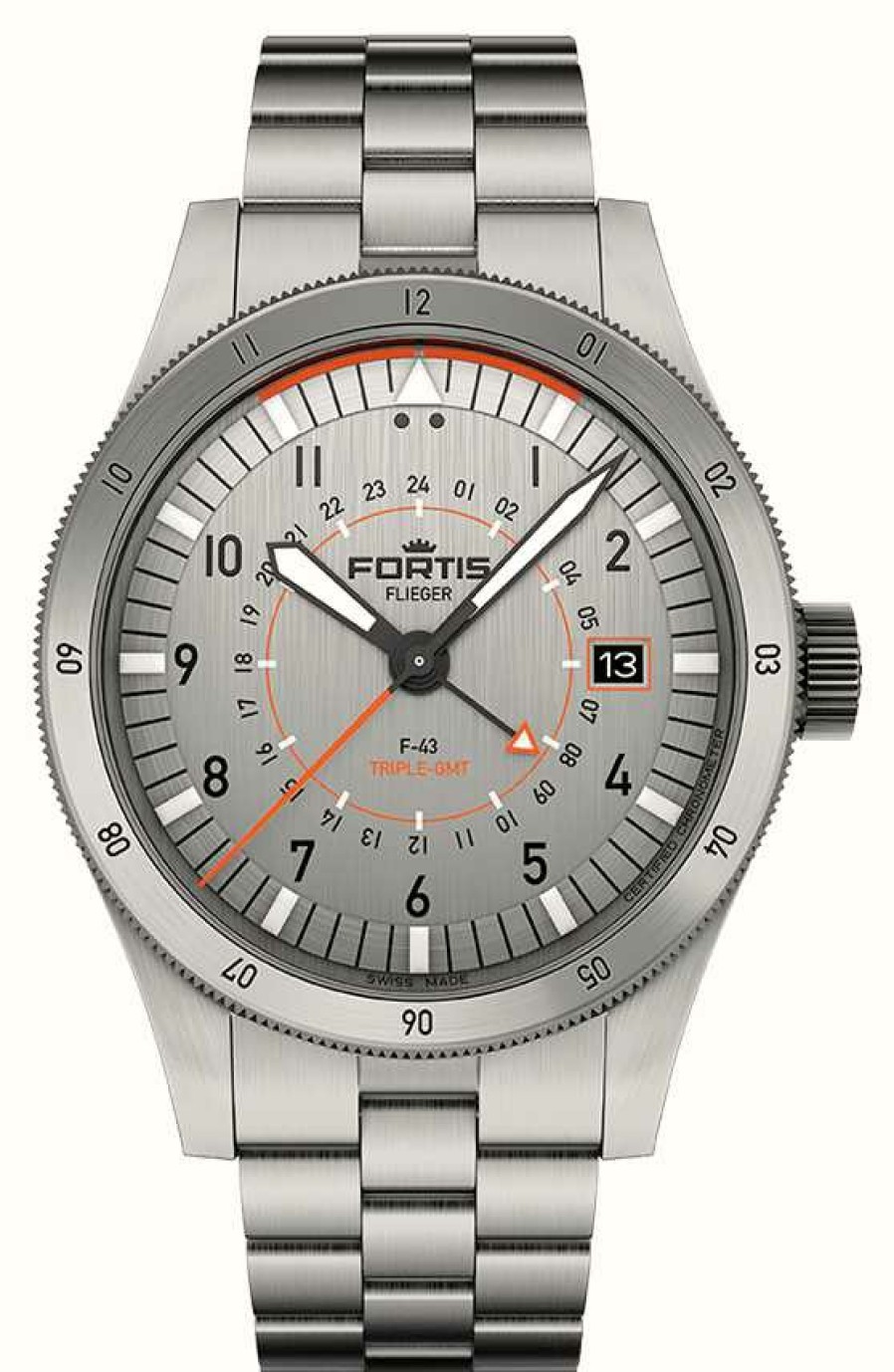 Men'S FORTIS | Fortis Flieger F-43 Triple-Gmt Titanium Orange (43Mm) Titanium Block Bracelet