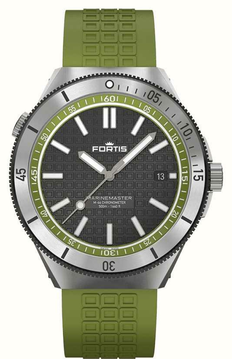 Men'S FORTIS | Fortis Marinemaster M-44 Chronometer Woodpecker Green (44Mm) Horizon Ultra-Flexible Rubber Strap