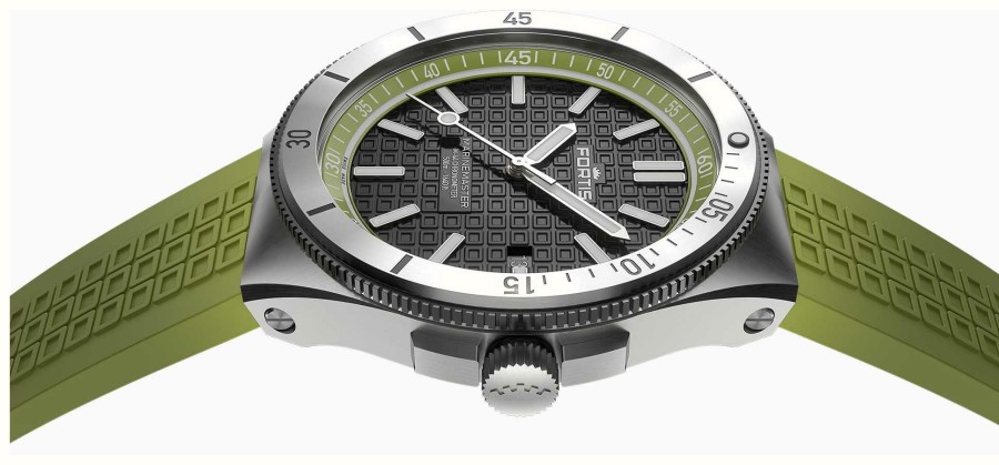 Men'S FORTIS | Fortis Marinemaster M-44 Chronometer Woodpecker Green (44Mm) Horizon Ultra-Flexible Rubber Strap