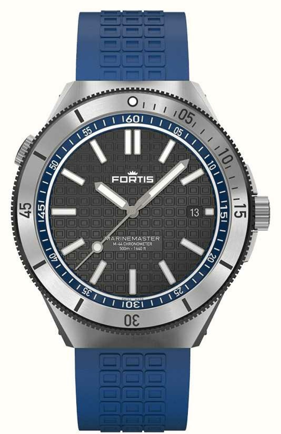 Men'S FORTIS | Fortis Marinemaster M-44 Chronometer Ocean Blue (44Mm) Horizon Ultra-Flexible Rubber Strap