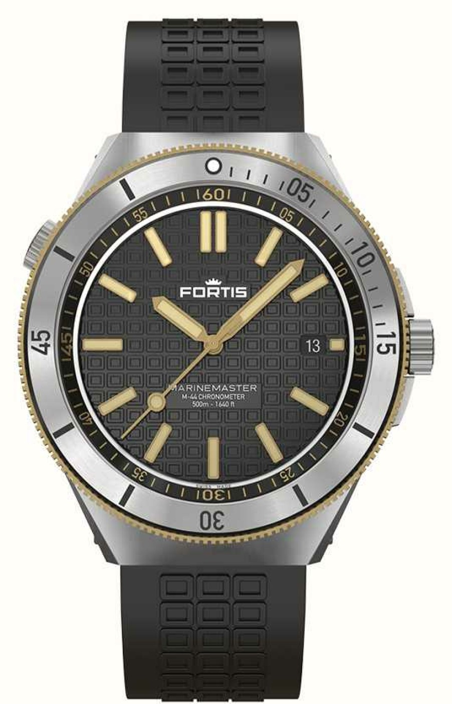 Men'S FORTIS | Fortis Marinemaster M-44 Chronometer Black Resin Gold (44Mm) Horizon Ultra-Flexible Rubber Strap