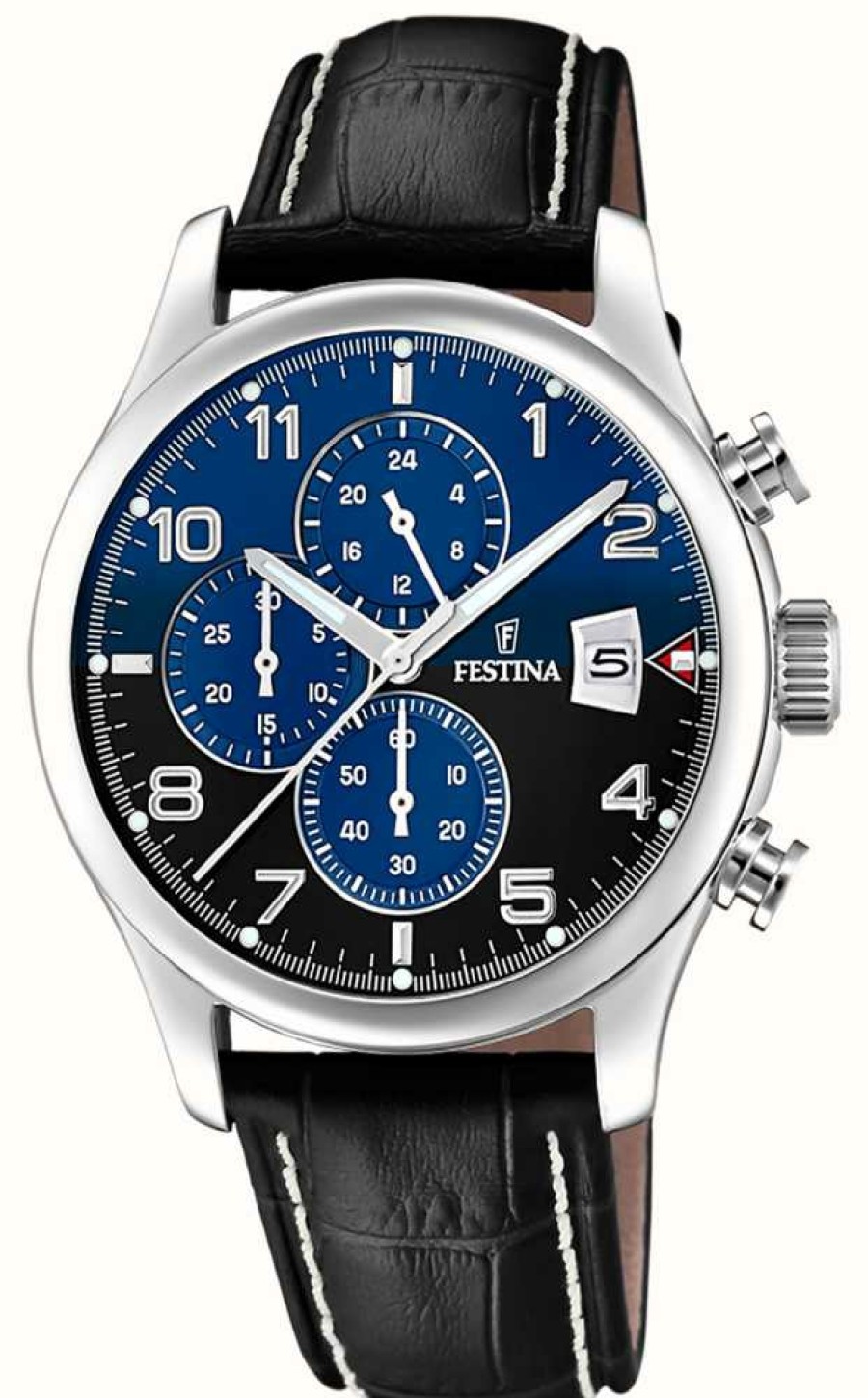 Men'S Festina | Festina Men'S Chronograph (43Mm) Blue Dial / Black Leather Strap