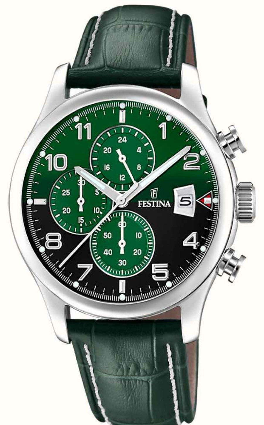 Men'S Festina | Festina Men'S Chronograph (43Mm) Green Dial / Green Leather Strap