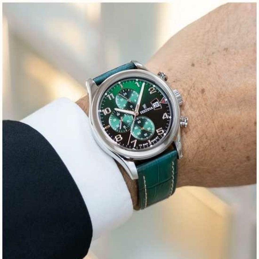 Men'S Festina | Festina Men'S Chronograph (43Mm) Green Dial / Green Leather Strap