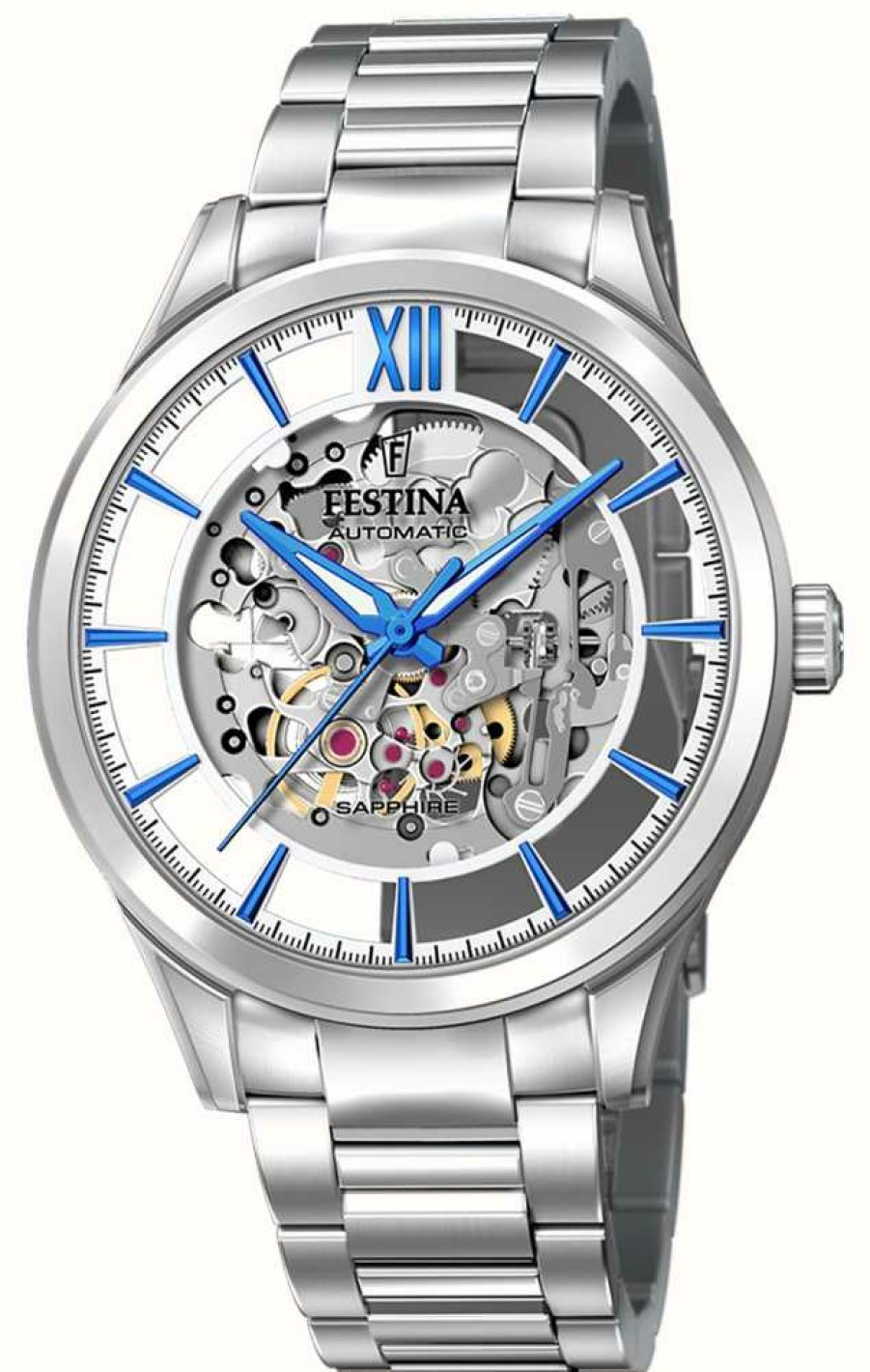 Men'S Festina | Festina Men'S Automatic Skeleton Dial / Stainless Steel Bracelet