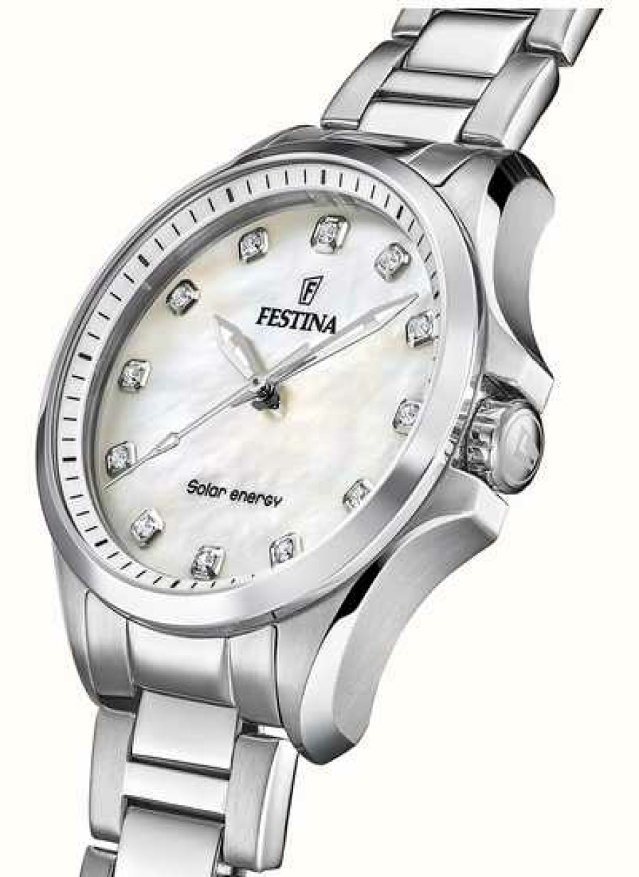 Women'S Festina | Festina Women'S Solar Energy (34Mm) Mother-Of-Pearl Dial / Stainless Steel Bracelet