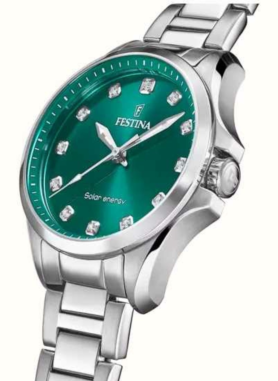 Women'S Festina | Festina Women'S Solar Energy (34Mm) Green Dial / Stainless Steel Bracelet