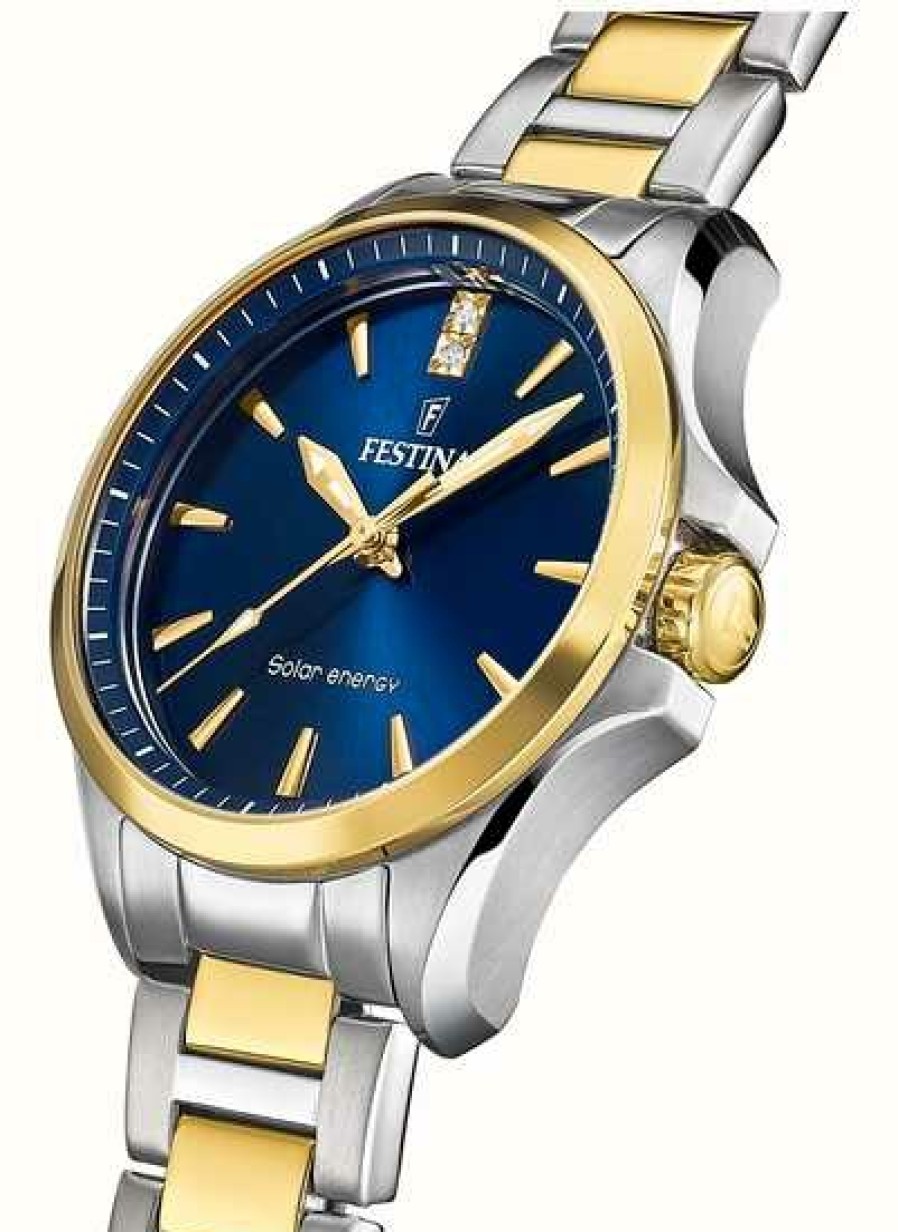 Women'S Festina | Festina Women'S Solar Energy (34Mm) Blue Dial / Two Tone Stainless Steel Bracelet