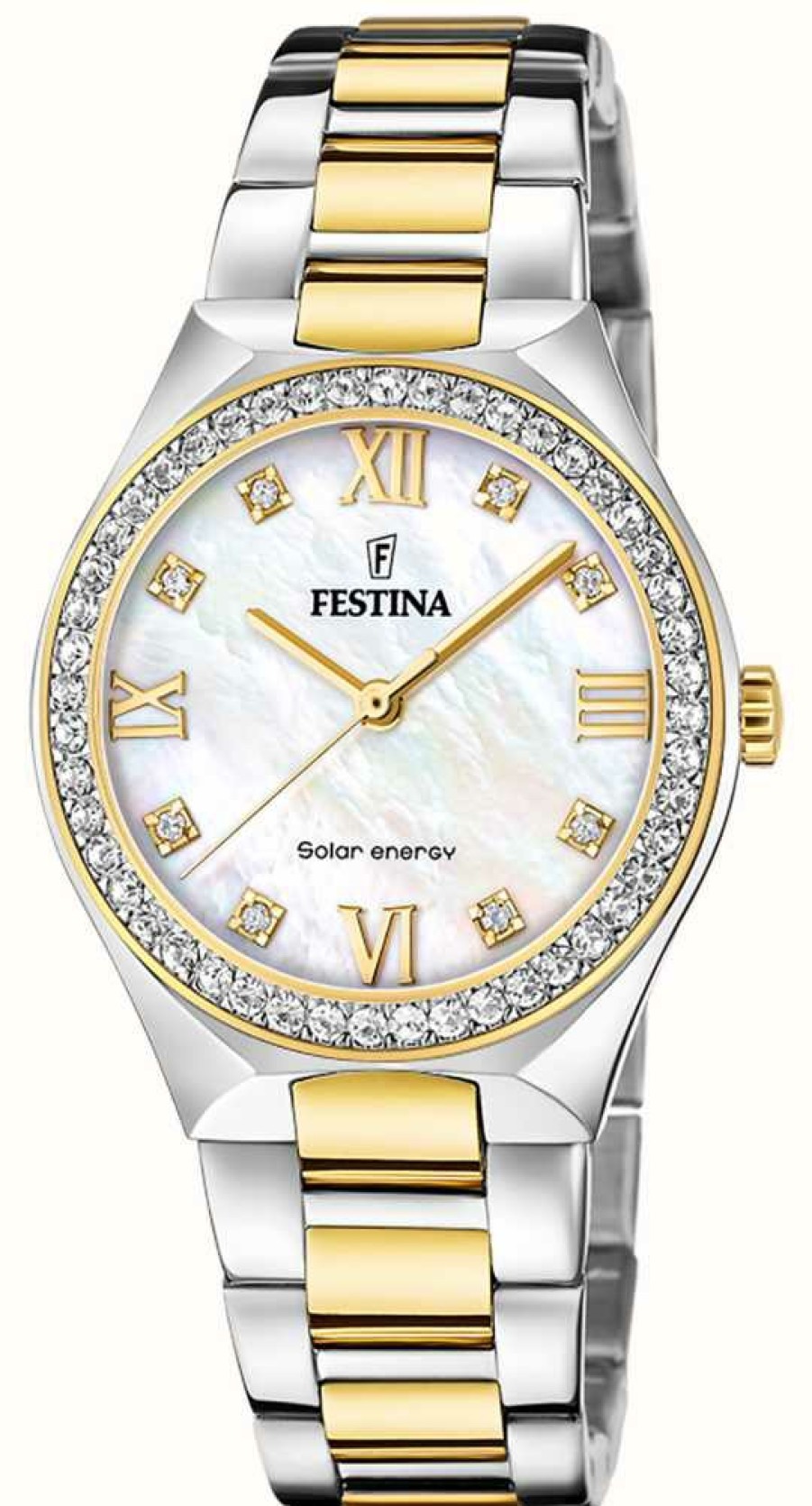 Women'S Festina | Festina Women'S Solar Energy (35Mm) Mother-Of-Pearl Dial / Two Tone Stainless Steel Bracelet