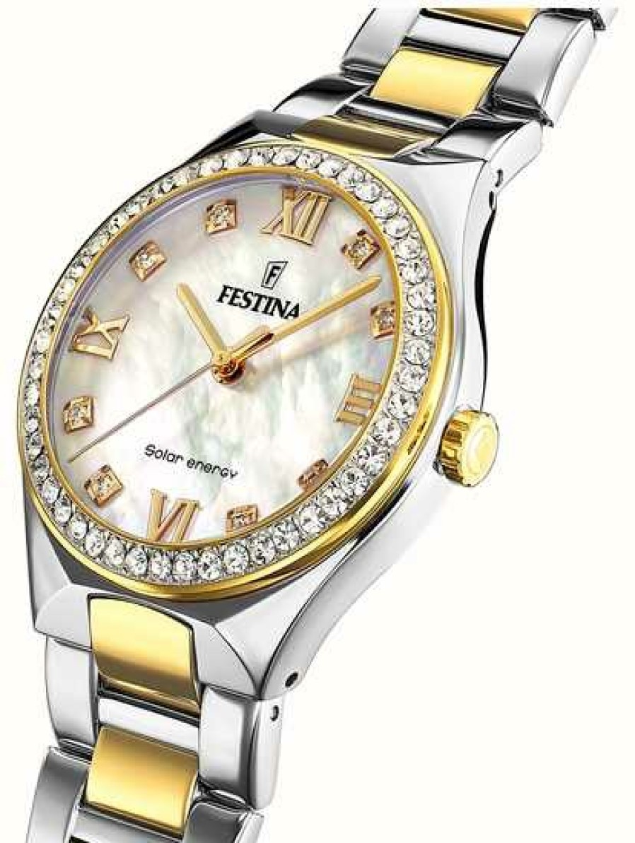 Women'S Festina | Festina Women'S Solar Energy (35Mm) Mother-Of-Pearl Dial / Two Tone Stainless Steel Bracelet