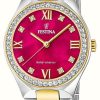 Women'S Festina | Festina Women'S Solar Energy (35Mm) Red Mother-Of-Pearl Dial / Two Tone Stainless Steel Bracelet