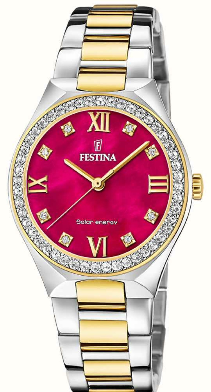 Women'S Festina | Festina Women'S Solar Energy (35Mm) Red Mother-Of-Pearl Dial / Two Tone Stainless Steel Bracelet