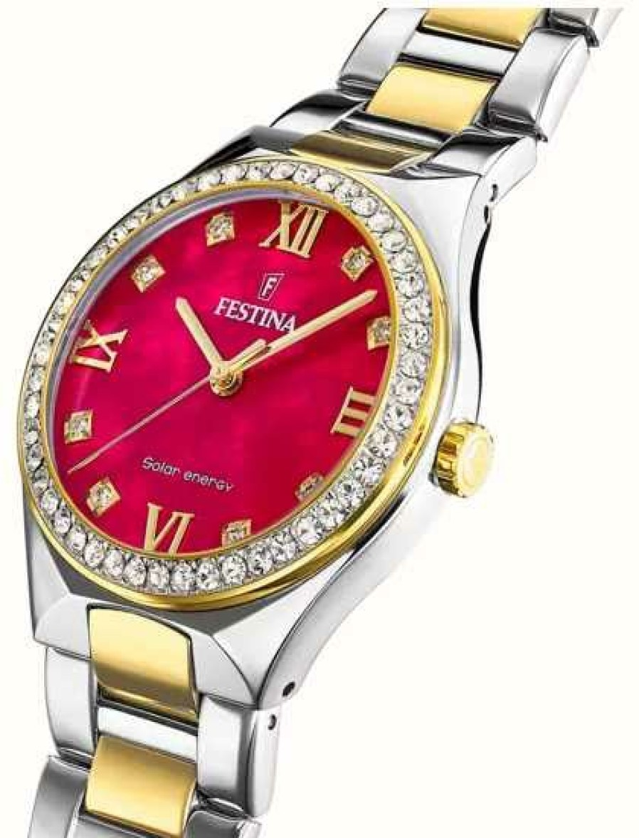 Women'S Festina | Festina Women'S Solar Energy (35Mm) Red Mother-Of-Pearl Dial / Two Tone Stainless Steel Bracelet