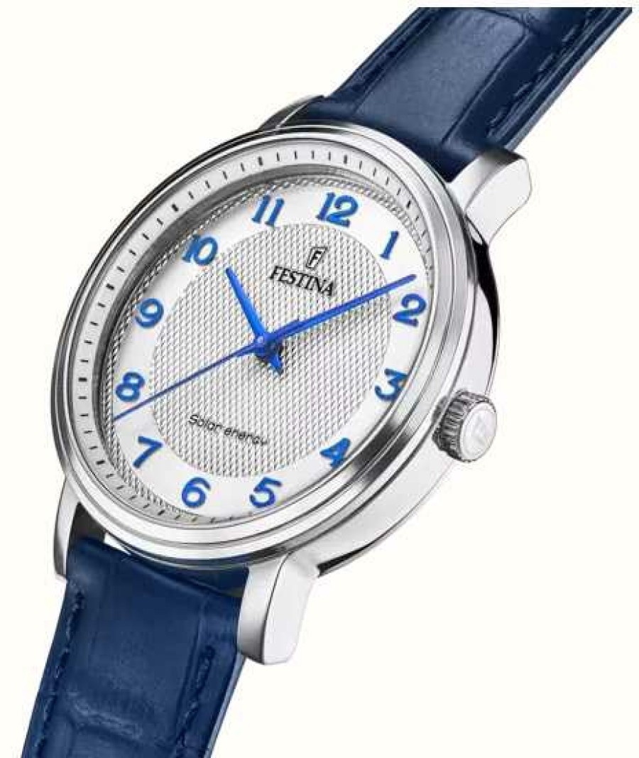 Men'S Festina | Festina Men'S Solar Energy (41Mm) Silver Dial / Blue Leather Strap