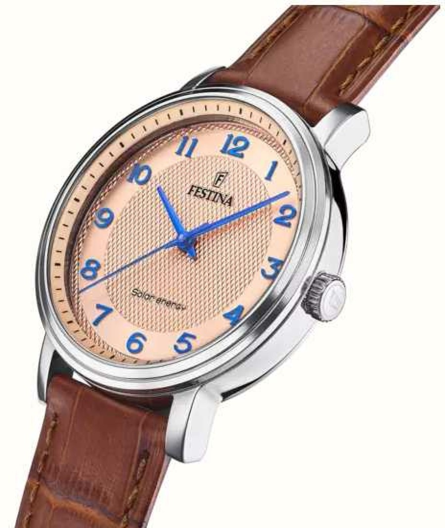 Men'S Festina | Festina Men'S Solar Energy (41Mm) Pink Dial / Brown Leather Strap