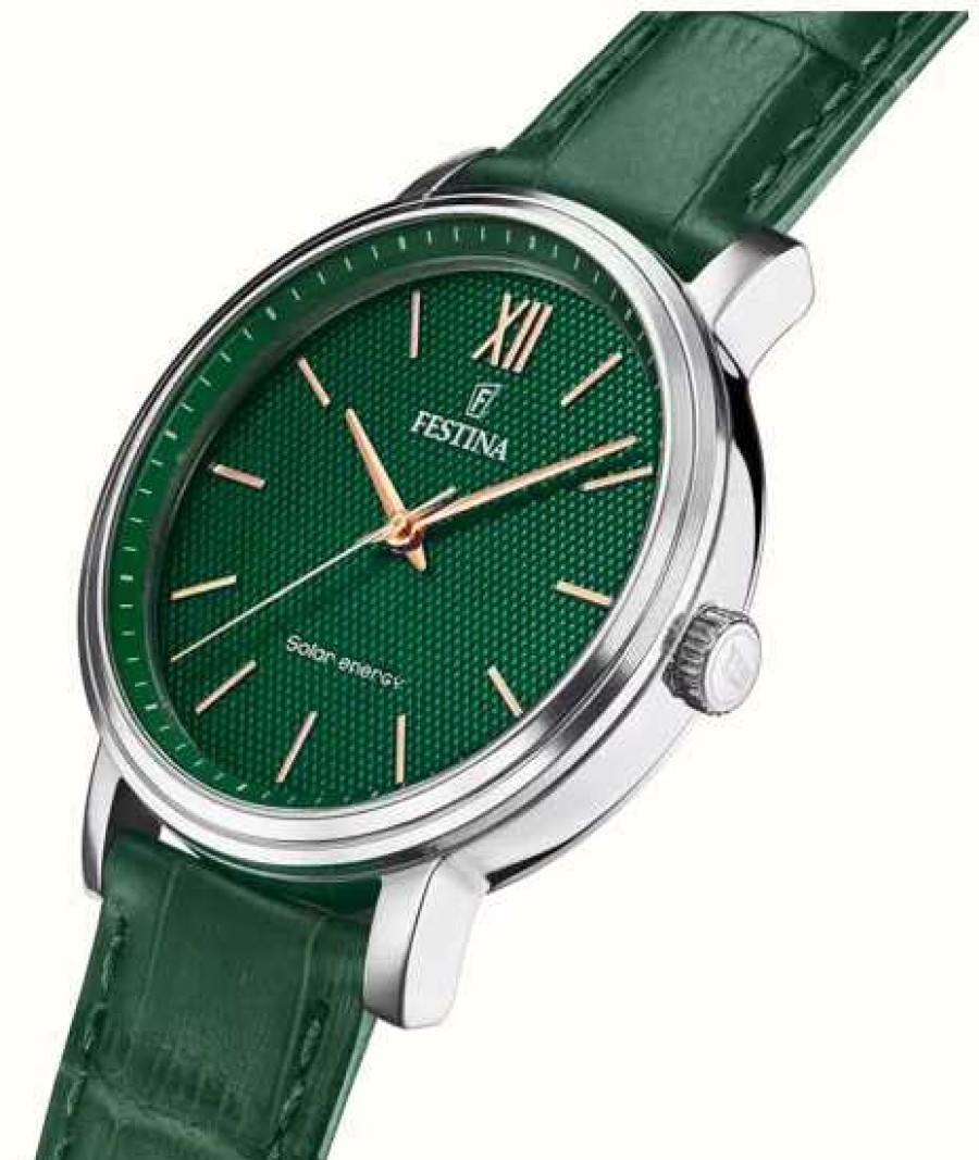 Men'S Festina | Festina Men'S Solar Energy (41Mm) Green Dial / Green Leather Strap