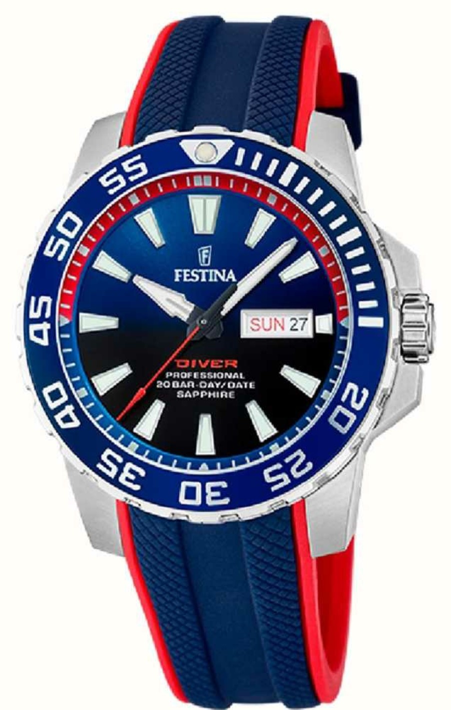 Men'S Festina | Festina Men'S Diver (45Mm) Blue Dial / Blue And Red Rubber Strap