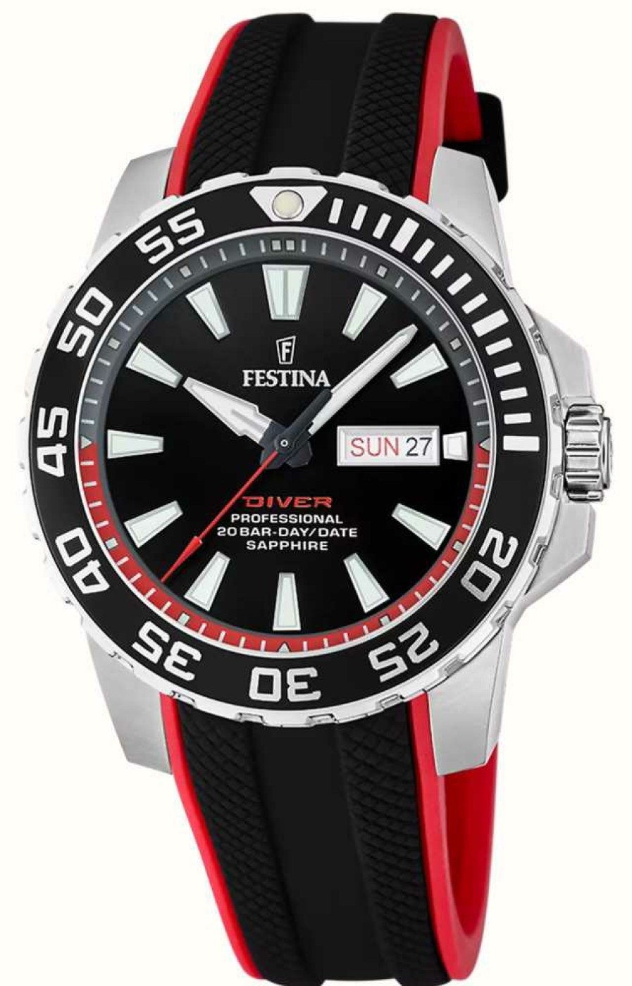 Men'S Festina | Festina Men'S Diver (45Mm) Black Dial / Black And Red Rubber Strap