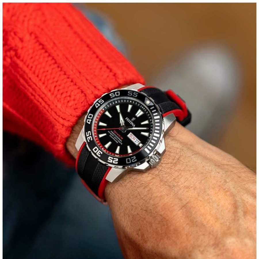 Men'S Festina | Festina Men'S Diver (45Mm) Black Dial / Black And Red Rubber Strap