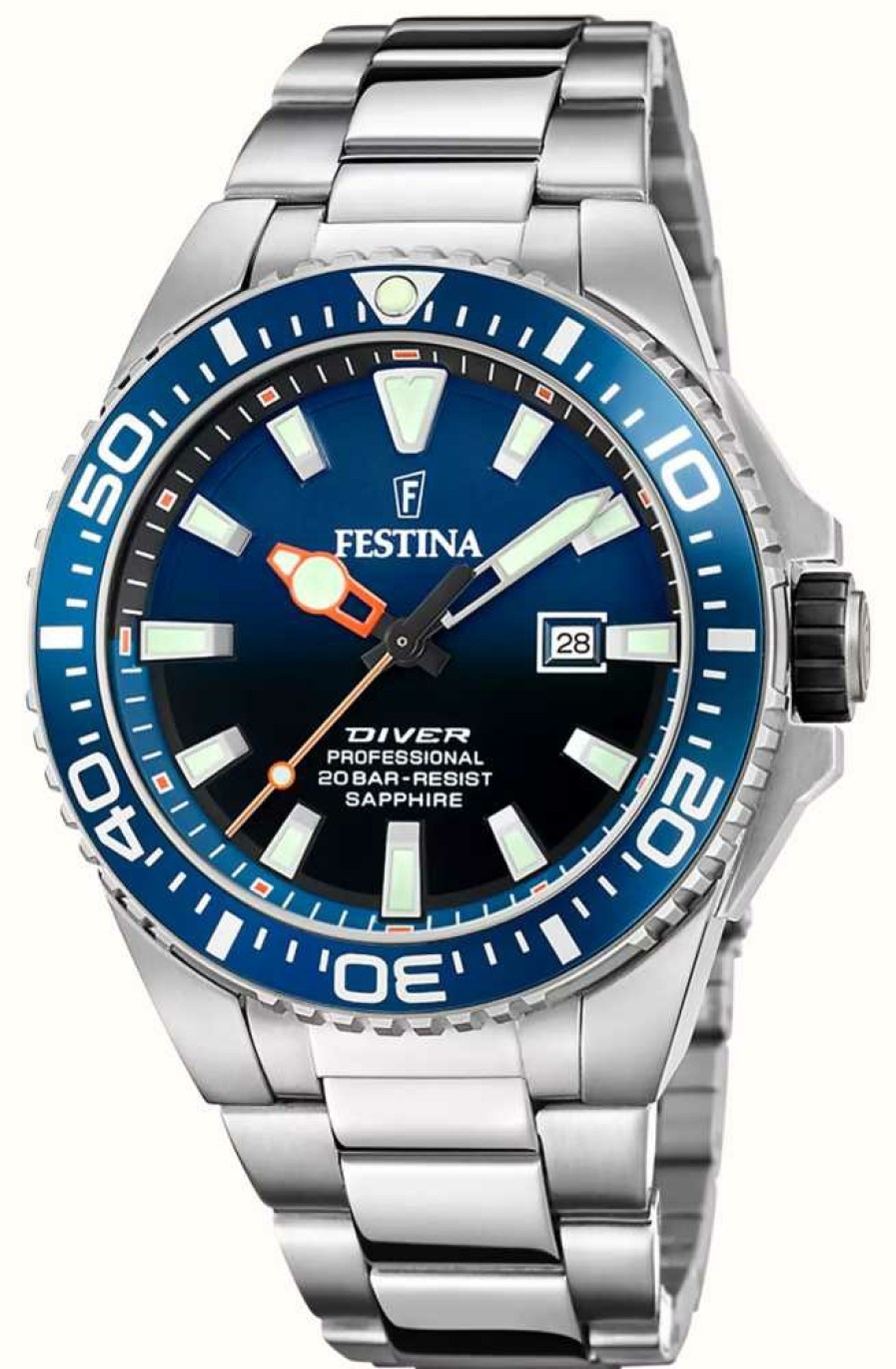 Men'S Festina | Festina Men'S Diver (45.7Mm) Blue Dial / Stainless Steel Bracelet