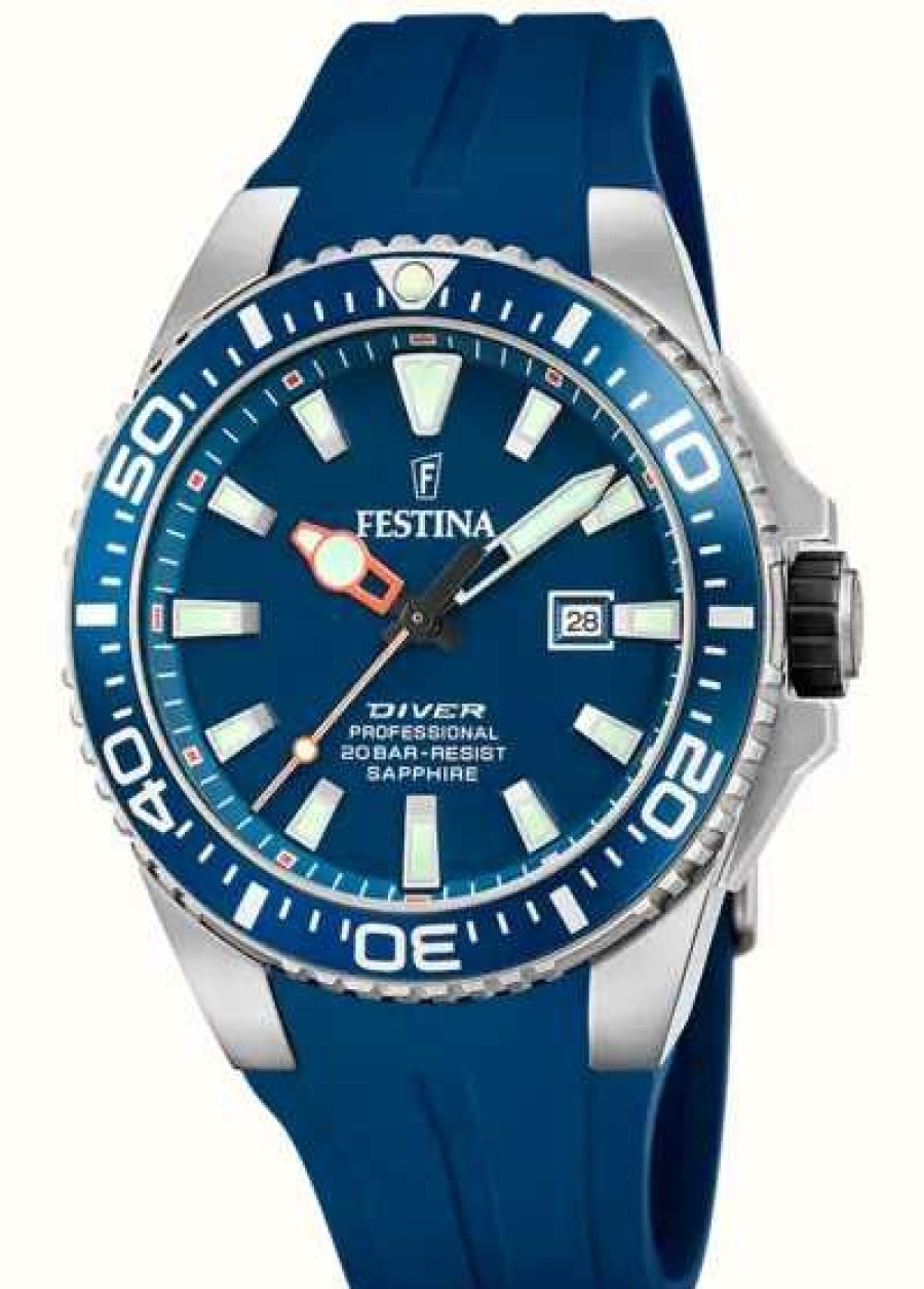 Men'S Festina | Festina Men'S Diver (45.7Mm) Blue Dial / Blue Rubber Strap