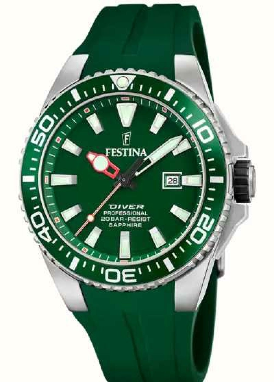 Men'S Festina | Festina Men'S Diver (45.7Mm) Green Dial / Green Rubber Strap