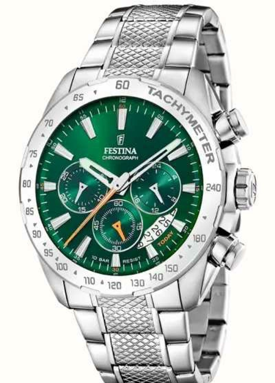 Men'S Festina | Festina Men'S Chronograph (44.5Mm) Green Dial / Stainless Steel Bracelet