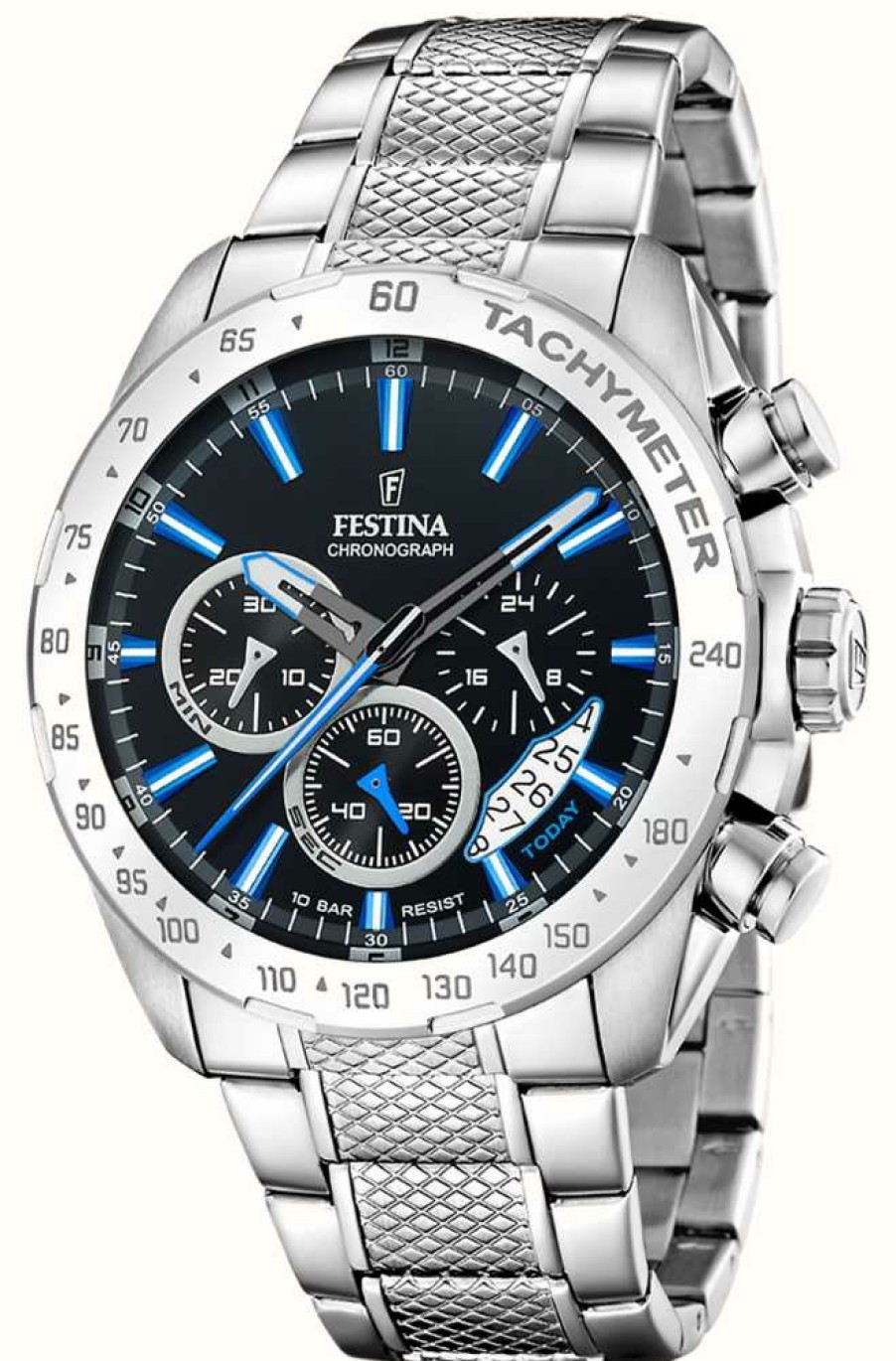 Men'S Festina | Festina Men'S Chronograph (44.5Mm) Black Dial / Stainless Steel Bracelet