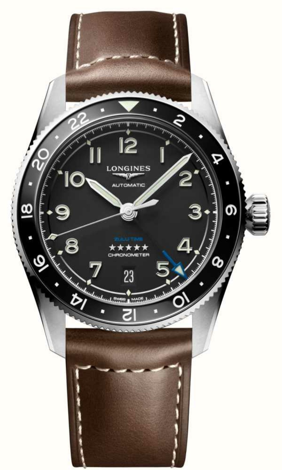 Men'S LONGINES | Longines Spirit Zulu Time (39Mm) Black Dial / Brown Leather Strap