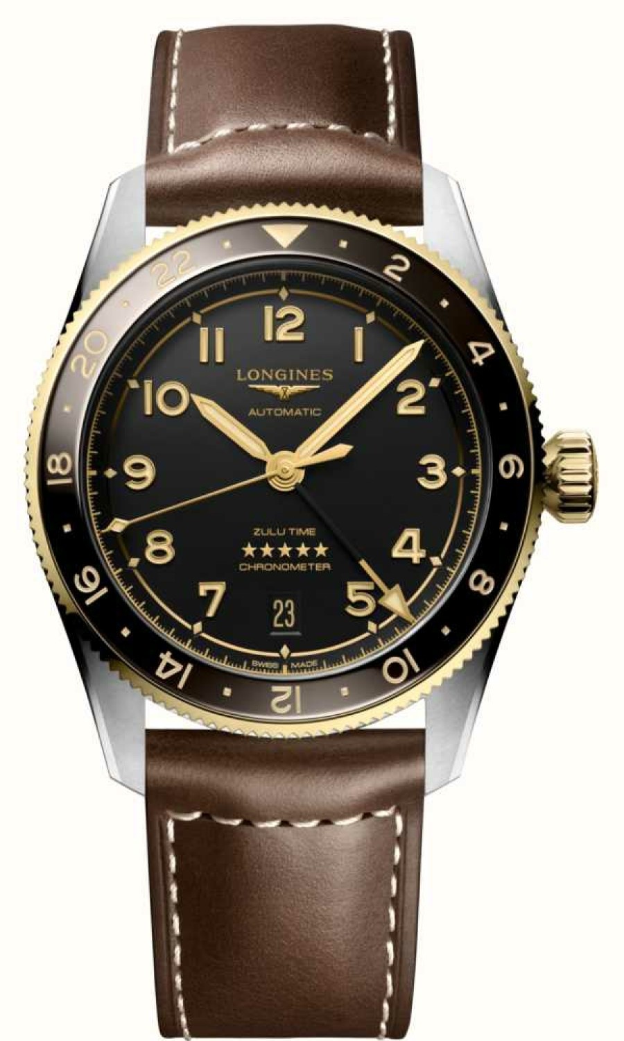 Men'S LONGINES | Longines Spirit Zulu Time (39Mm) Black Dial / Brown Leather Strap