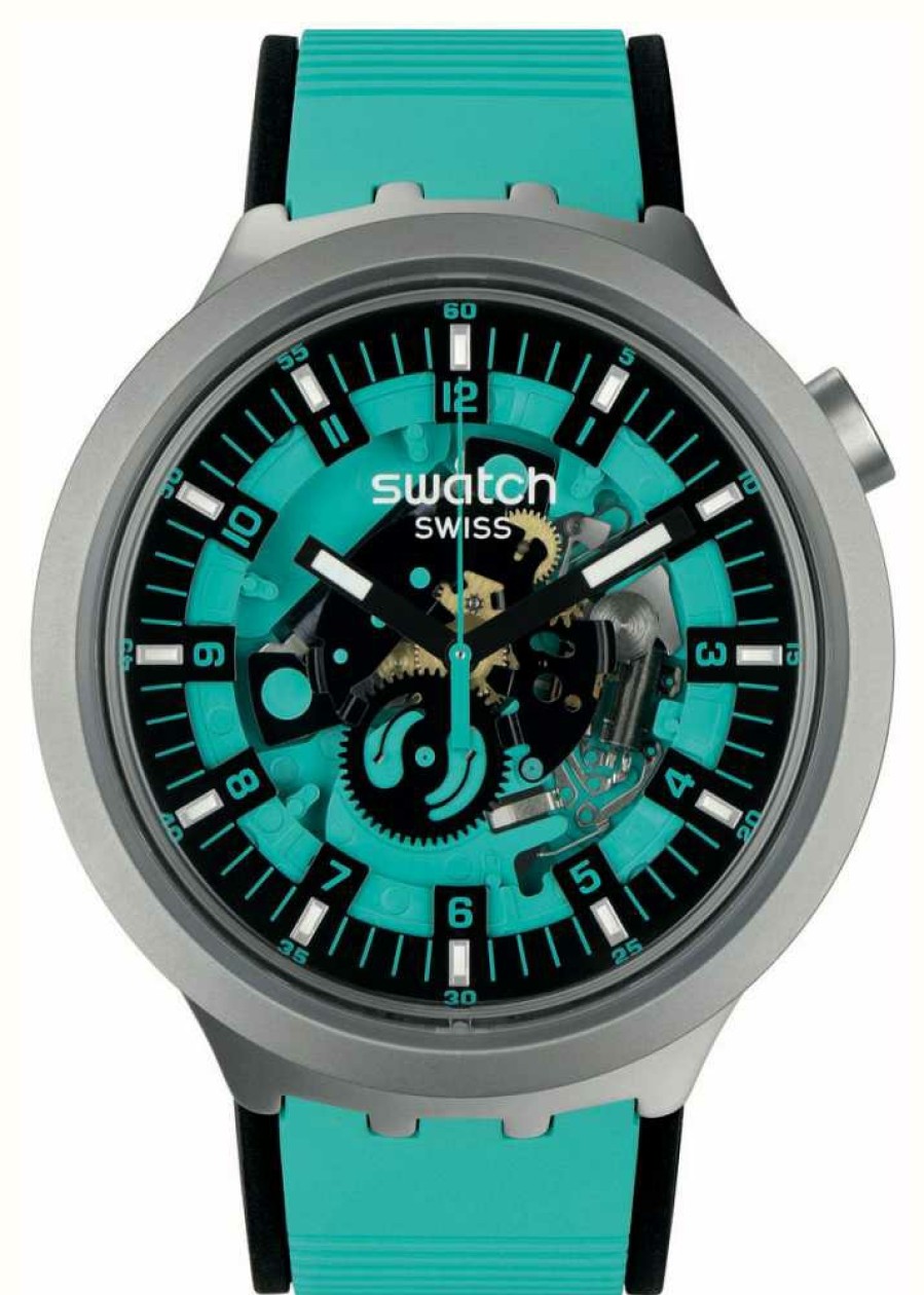 Men'S Swatch | Swatch Big Bold Irony Mint Trim Stainless Steel (47Mm) Turquoise Skeleton Dial / Turquoise Rubber