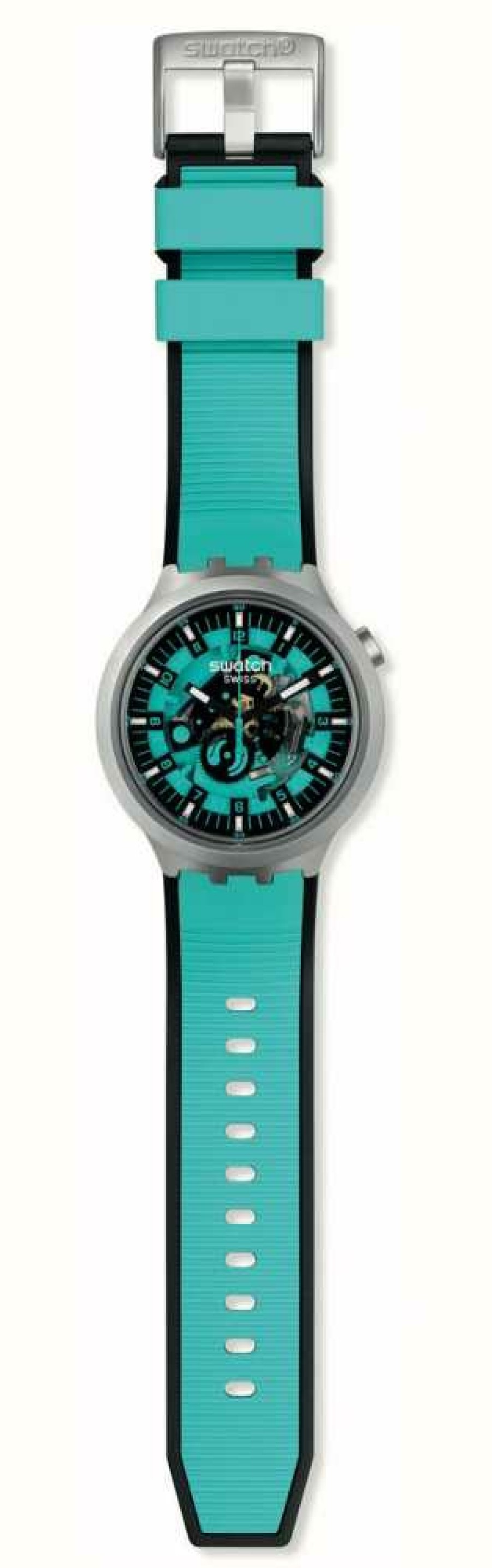 Men'S Swatch | Swatch Big Bold Irony Mint Trim Stainless Steel (47Mm) Turquoise Skeleton Dial / Turquoise Rubber