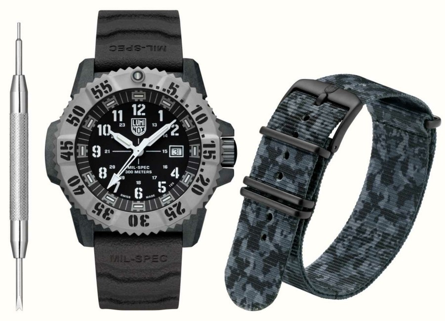 Men'S Luminox | Luminox Mil-Spec 3350 Series (46Mm) Black Dial / Black Rubber And Black Camo Strap Set