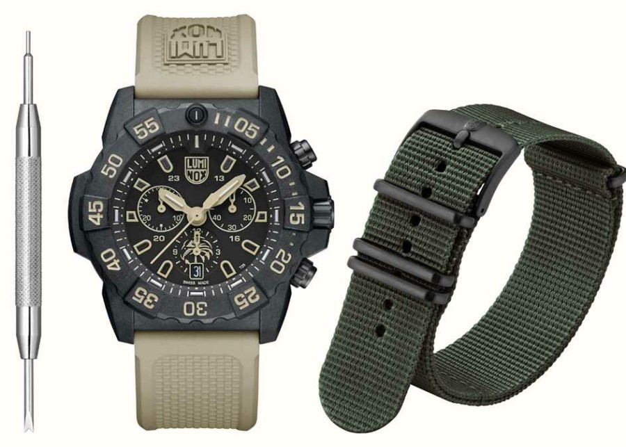 Men'S Luminox | Luminox Navy Seal Foundation Chronograph (45Mm) Black Dial / Sand Rubber And Olive Green Webbing Strap Set