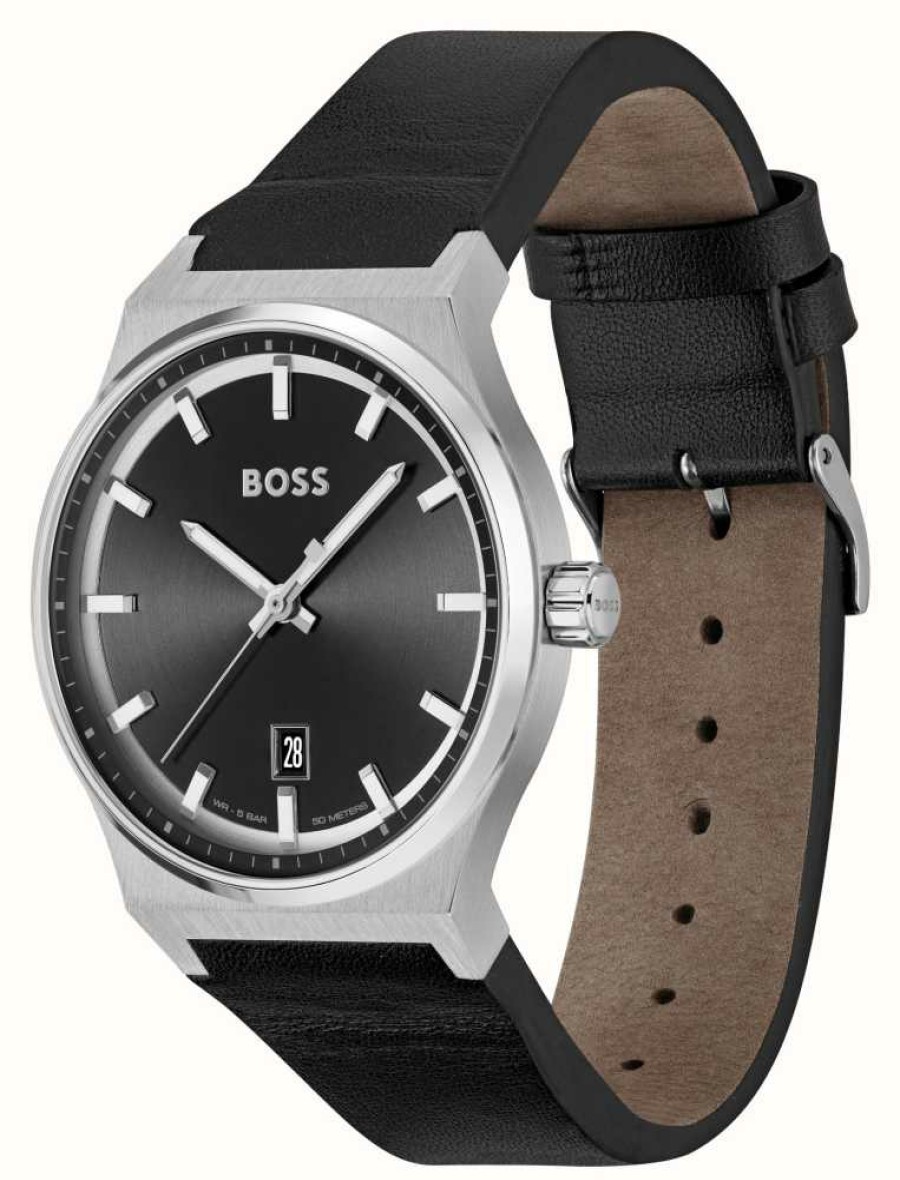 Men'S BOSS | Boss Candor (41Mm) Black Dial / Black Leather Strap