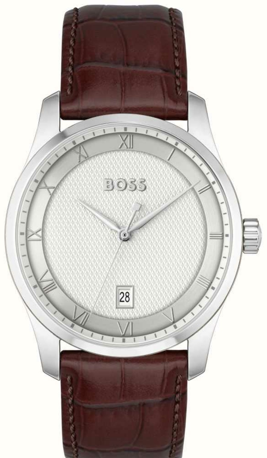 Men'S BOSS | Boss Principle (41Mm) Silver Dial / Brown Leather Strap