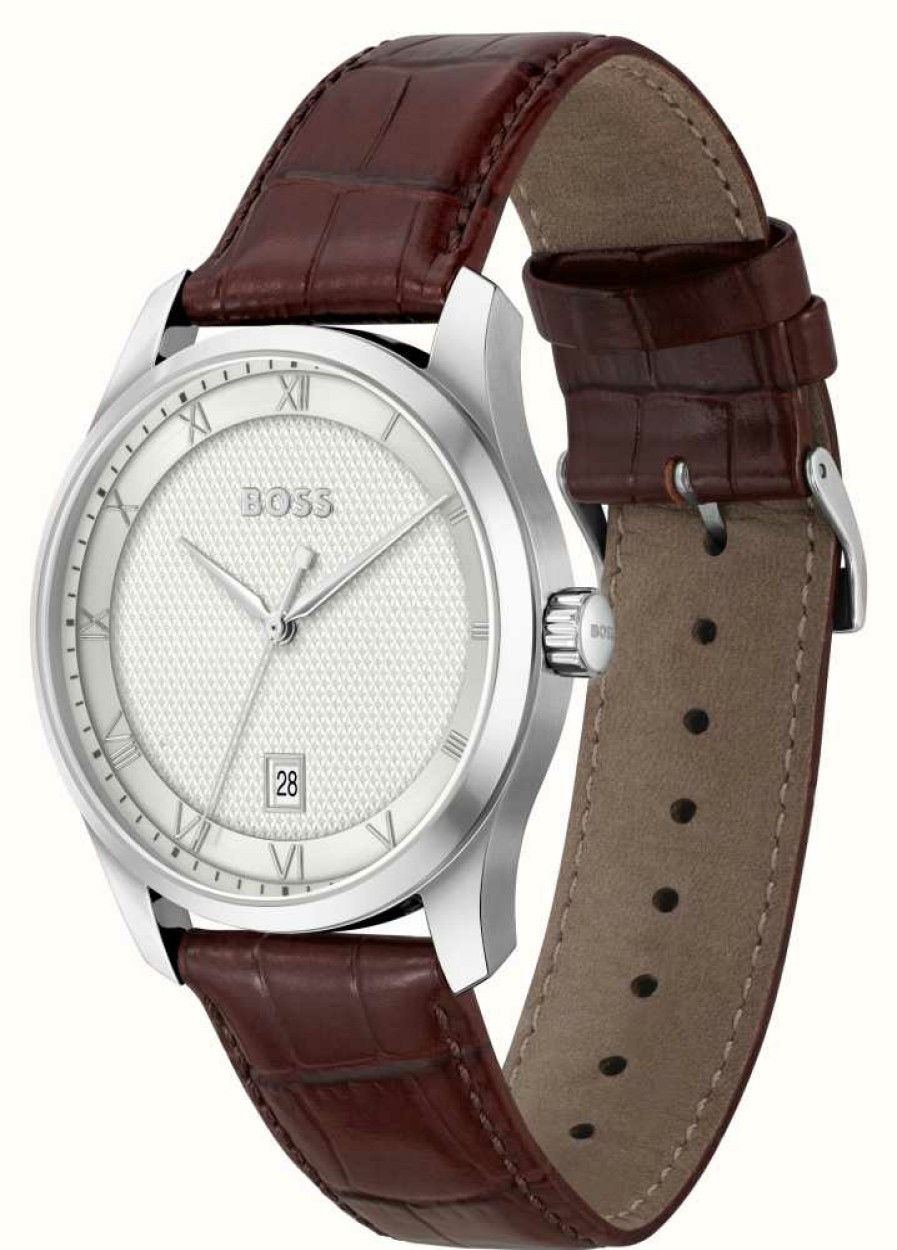 Men'S BOSS | Boss Principle (41Mm) Silver Dial / Brown Leather Strap