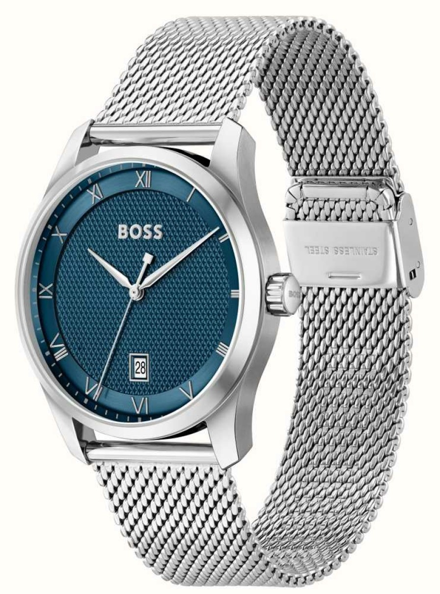 Men'S BOSS | Boss Principle (41Mm) Blue Dial / Stainless Steel Mesh Bracelet