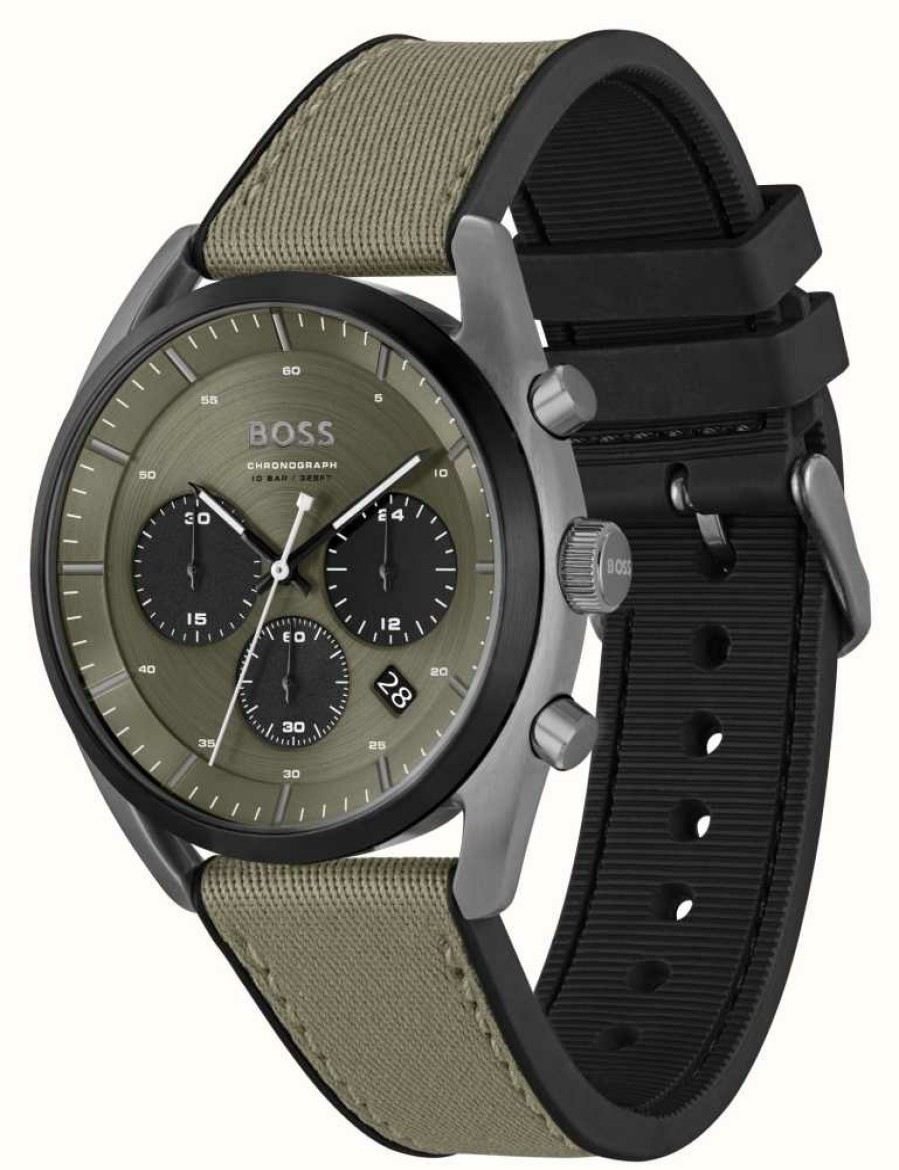 Men'S BOSS | Boss Top (44Mm) Dark Khaki Dial / Dark Khaki Canvas On Silicone Strap