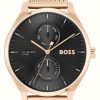 Men'S BOSS | Boss Tyler (43Mm) Black Dial / Rose Gold Ip Stainless Steel Bracelet