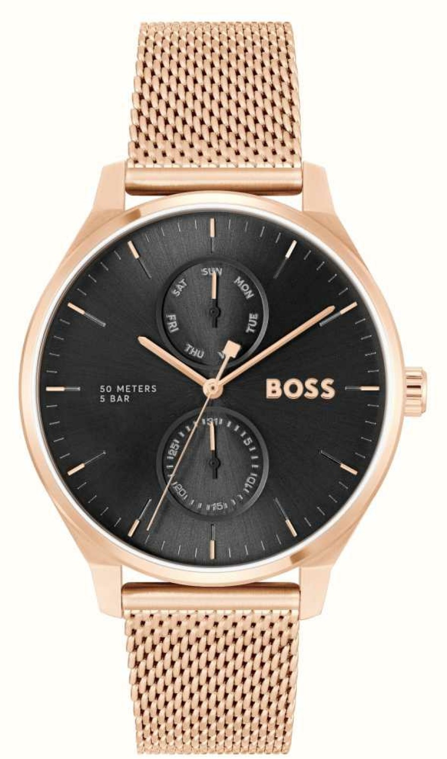 Men'S BOSS | Boss Tyler (43Mm) Black Dial / Rose Gold Ip Stainless Steel Bracelet