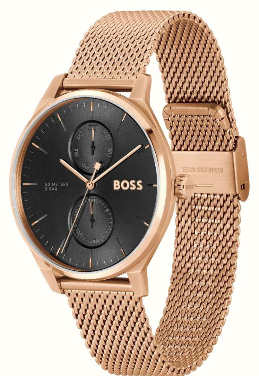 Men'S BOSS | Boss Tyler (43Mm) Black Dial / Rose Gold Ip Stainless Steel Bracelet