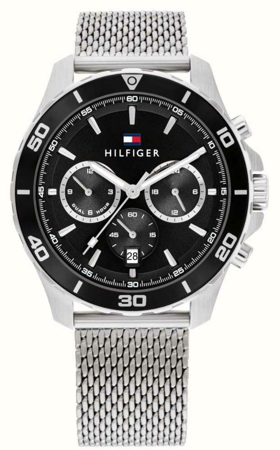 Men'S Tommy Hilfiger | Tommy Hilfiger Men'S Jordan (43Mm) Black Chronograph Dial / Stainless Steel Mesh Bracelet