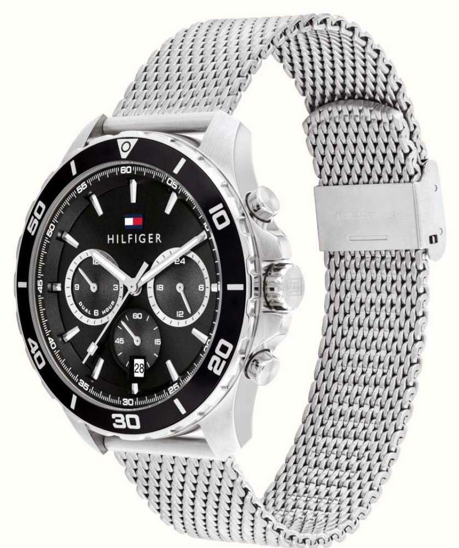 Men'S Tommy Hilfiger | Tommy Hilfiger Men'S Jordan (43Mm) Black Chronograph Dial / Stainless Steel Mesh Bracelet