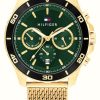 Men'S Tommy Hilfiger | Tommy Hilfiger Men'S Jordan (43Mm) Green Dial / Gold-Tone Steel Mesh Bracelet