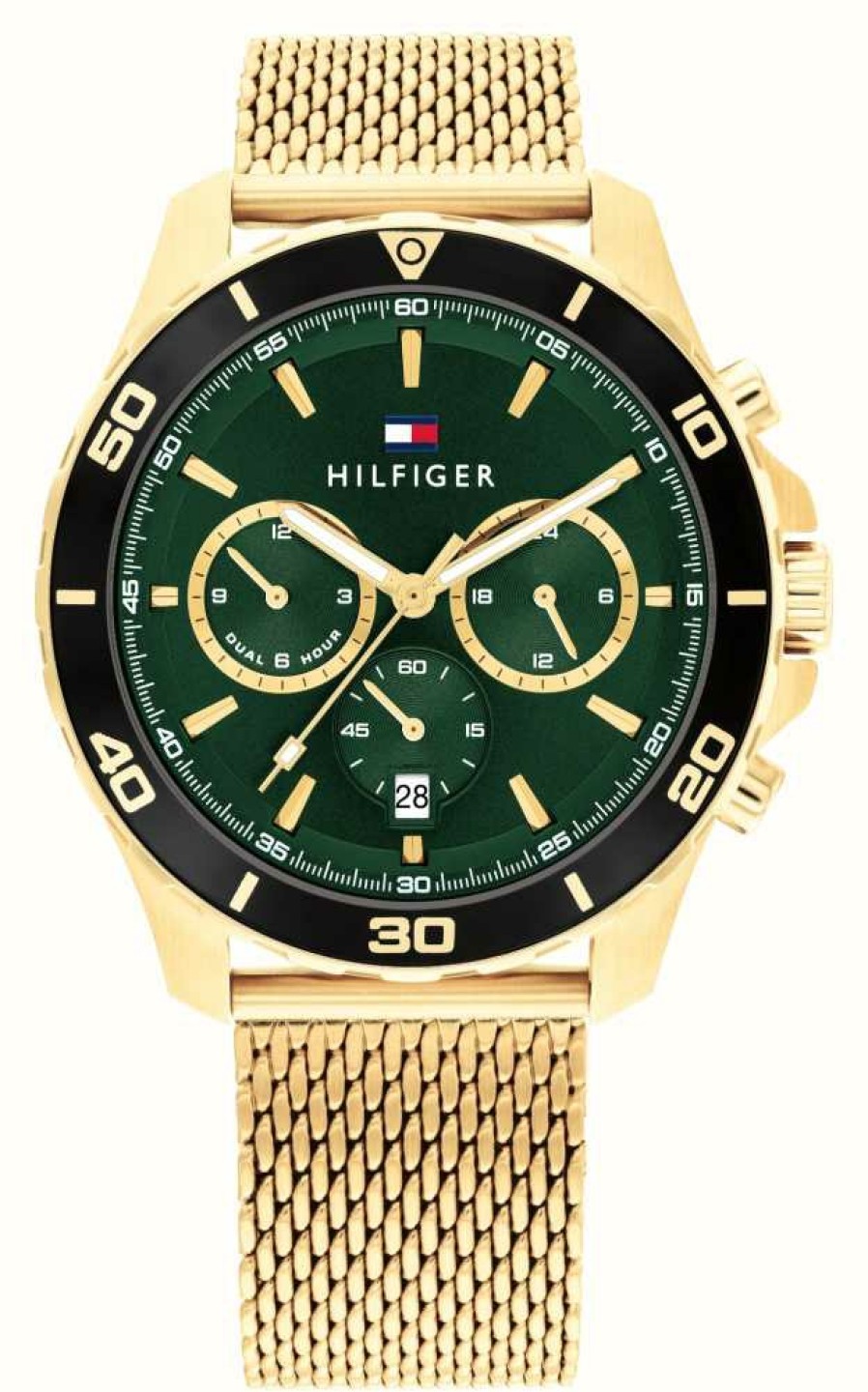 Men'S Tommy Hilfiger | Tommy Hilfiger Men'S Jordan (43Mm) Green Dial / Gold-Tone Steel Mesh Bracelet