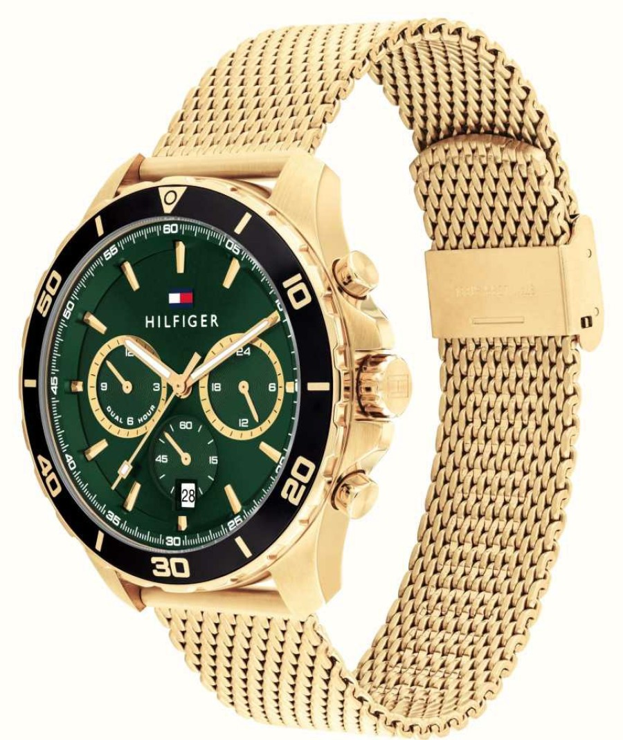 Men'S Tommy Hilfiger | Tommy Hilfiger Men'S Jordan (43Mm) Green Dial / Gold-Tone Steel Mesh Bracelet