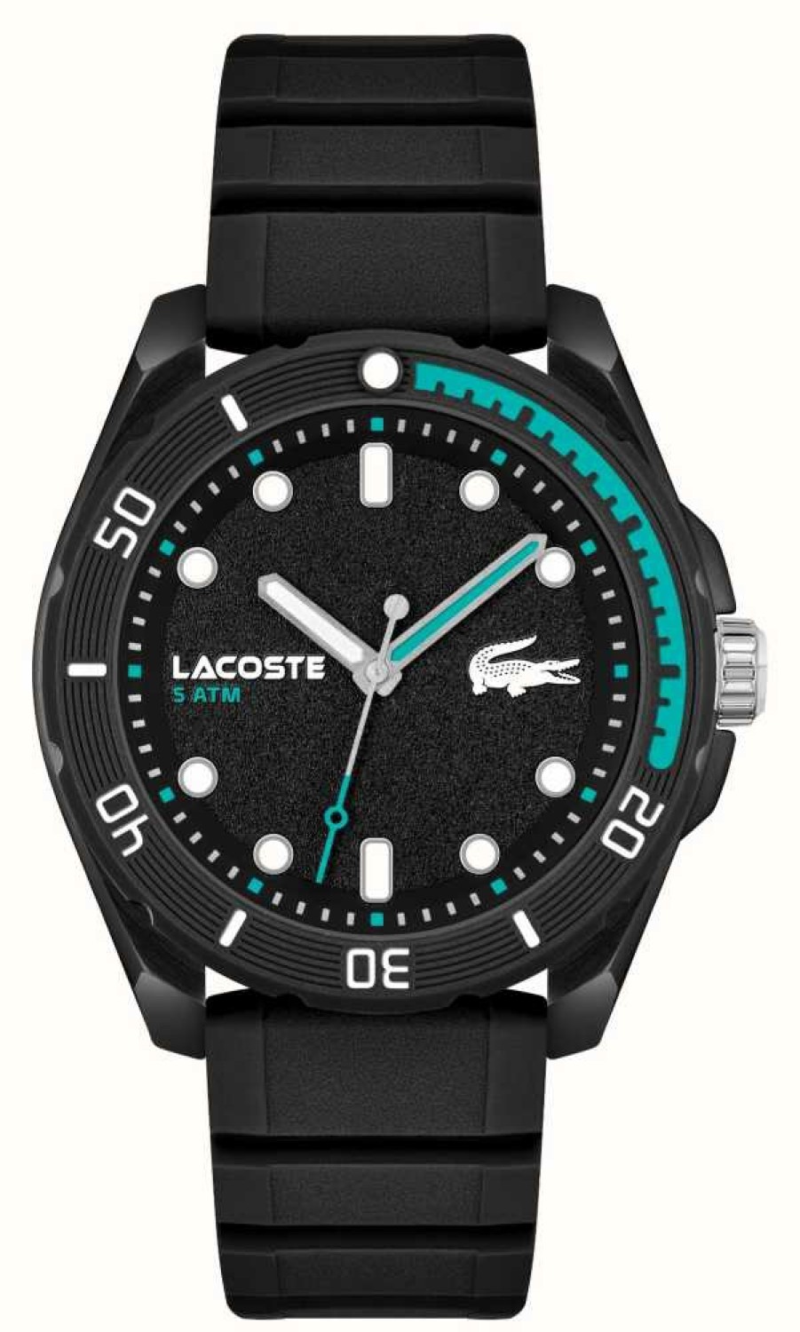 Men'S Lacoste | Lacoste Men'S Finn (44Mm) Black Dial / Black Silicone Strap