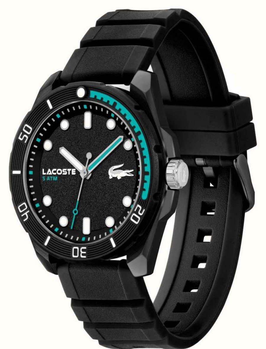 Men'S Lacoste | Lacoste Men'S Finn (44Mm) Black Dial / Black Silicone Strap