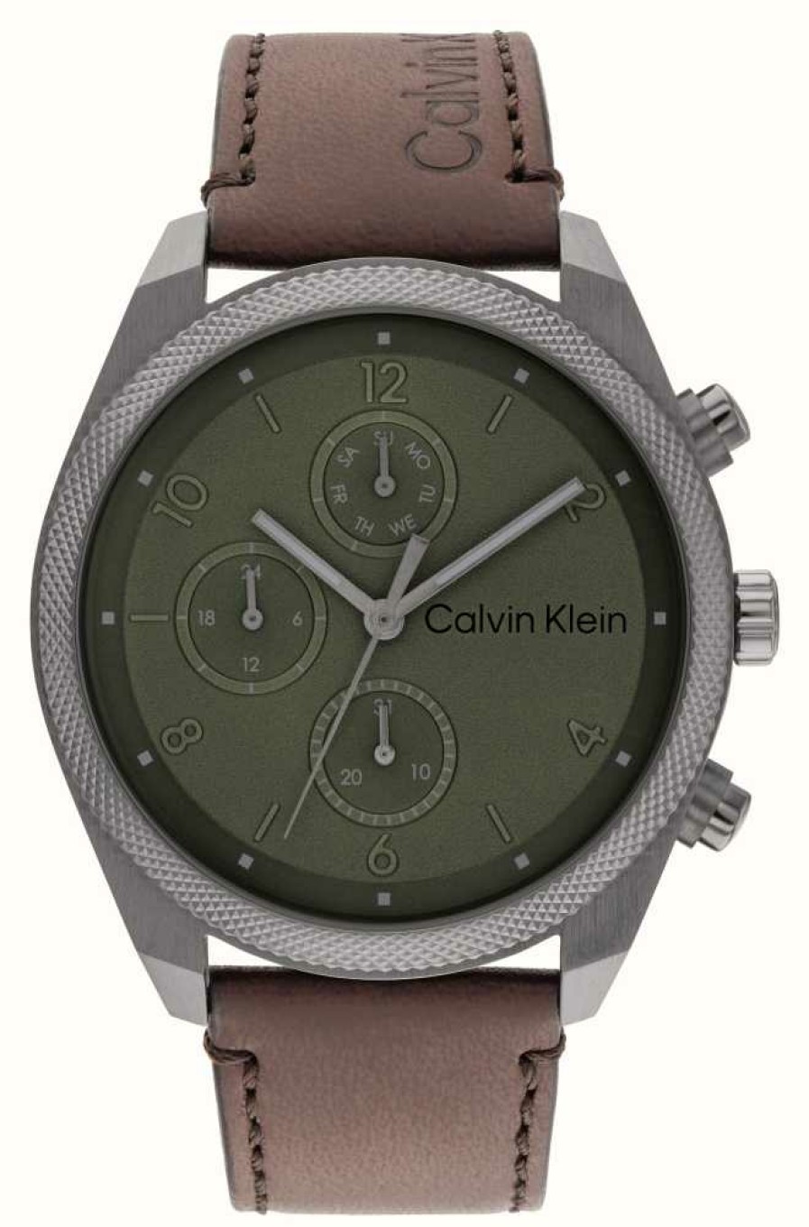 Men'S Calvin Klein | Calvin Klein Impact Men'S (44Mm) Green Dial / Brown Leather Strap